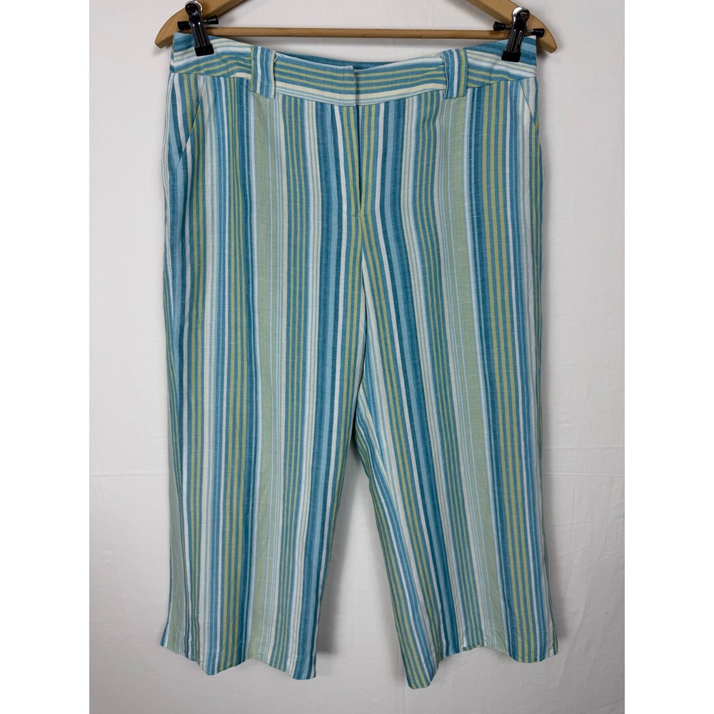 David N Striped Linen Blend Crop Pants Womens 12 Blue Green Coastal Breezy